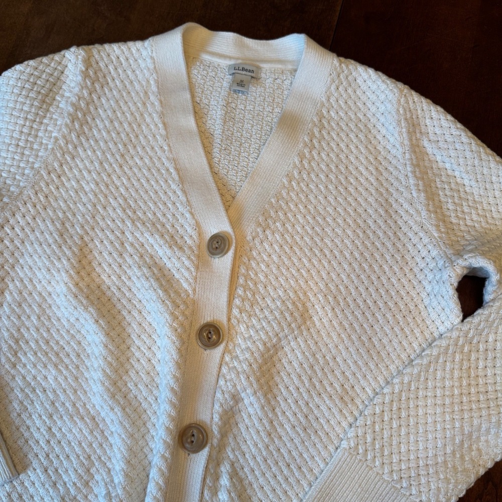 LL Bean Cardigan Womens Med White Basketweave Knit Cotton Sweater 517103